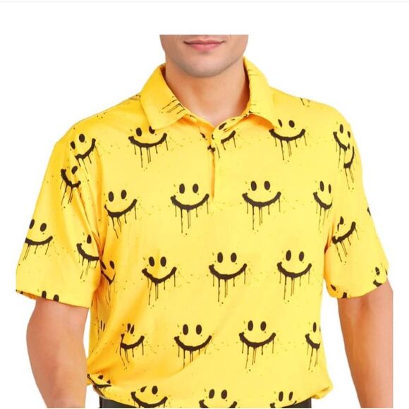 Suntasy Dry Fit Polo Golf Shirt,Yellow and Black Smiley Face Prt., NEW, Small - Picture 3 of 6